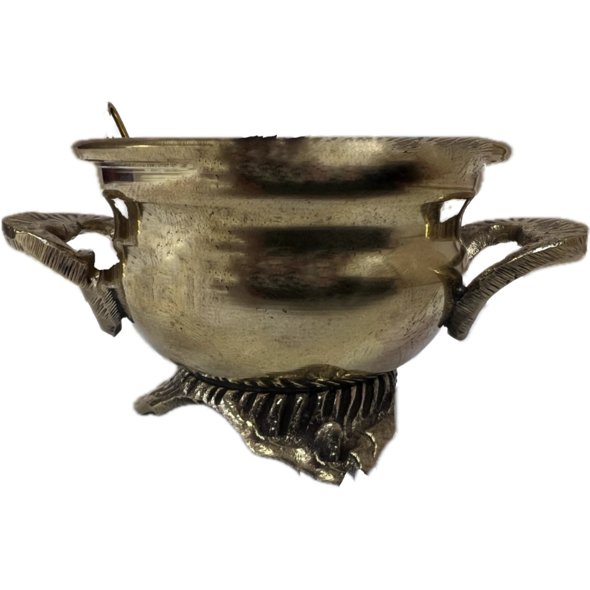 Small gold brass incense burner with a dragon handle and base.