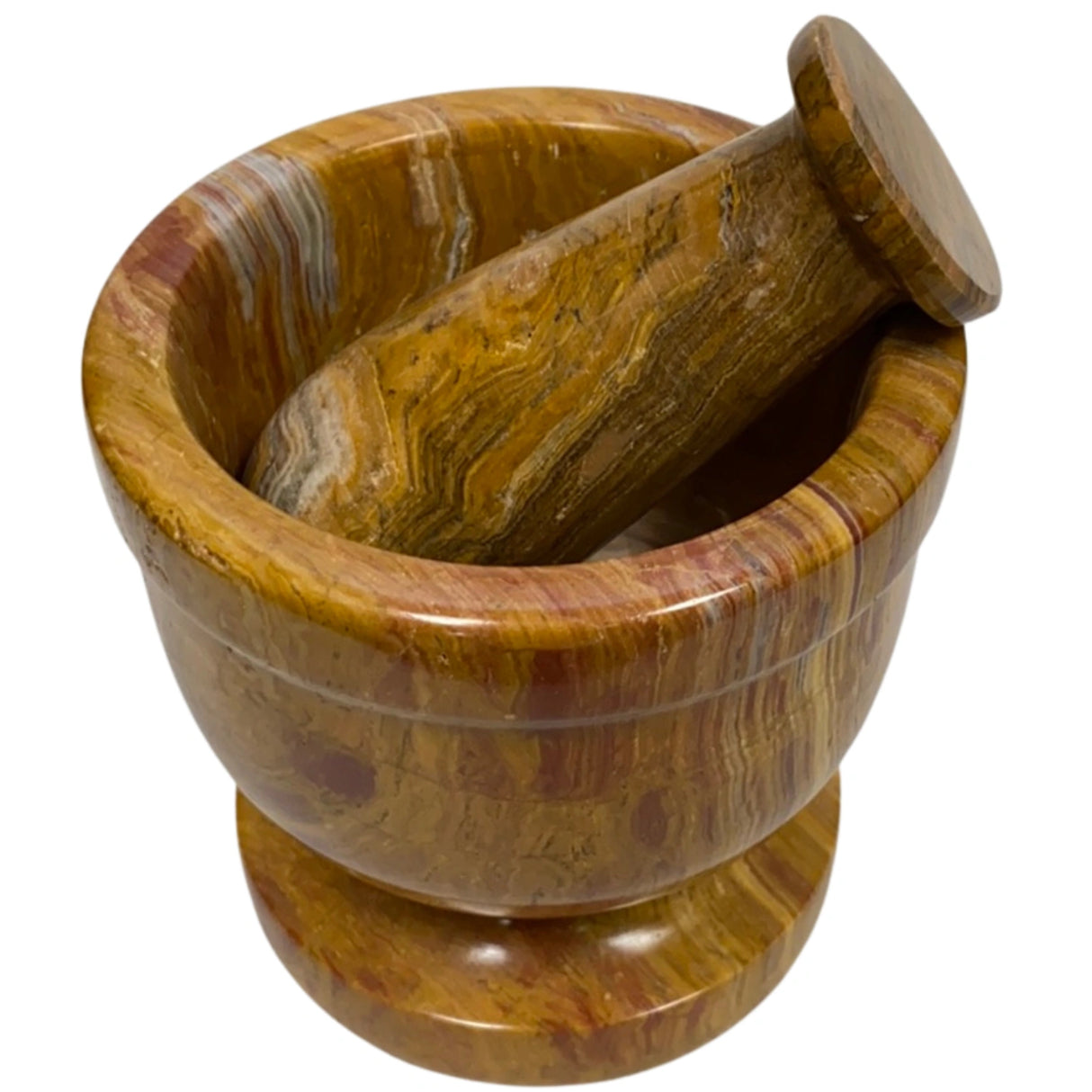 Brown marble mortar and pestle set with white veins.