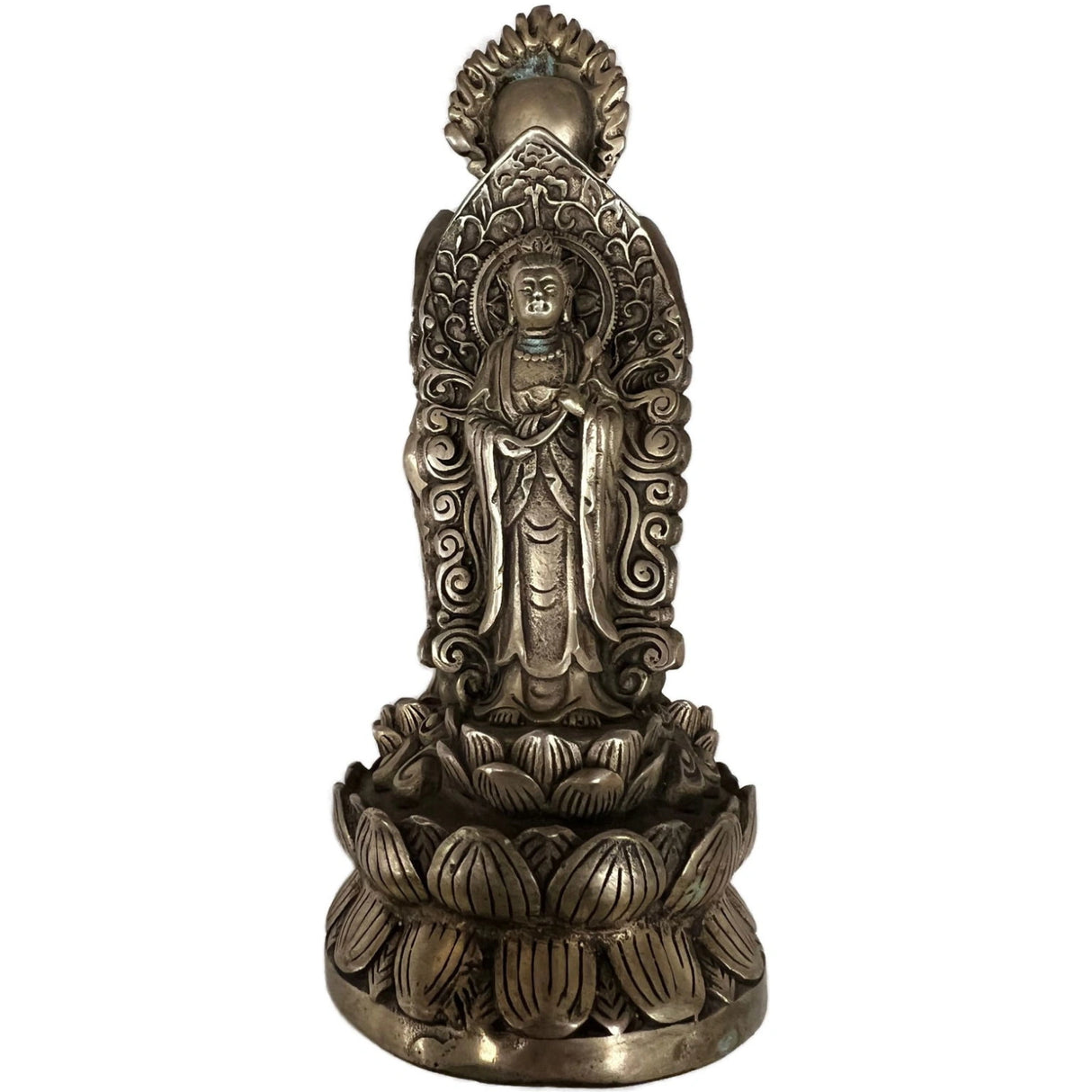 Three Saints Buddha statue standing on a lotus base, with a halo and intricate detailing.