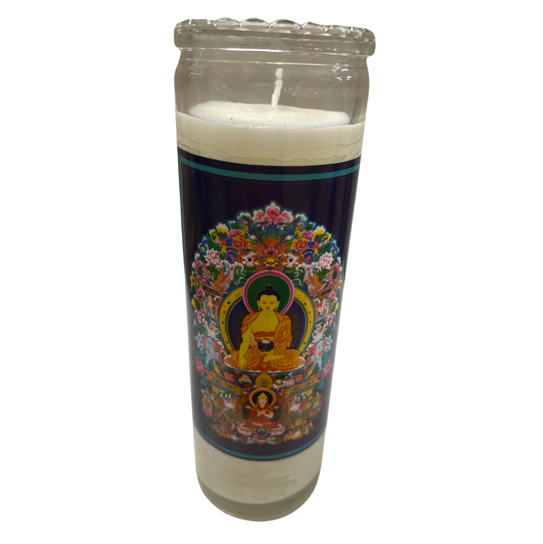 Buddha Glass Jar Candle - A piece Buddha Glass Jar Candle with an image of Buddha attached to the glass