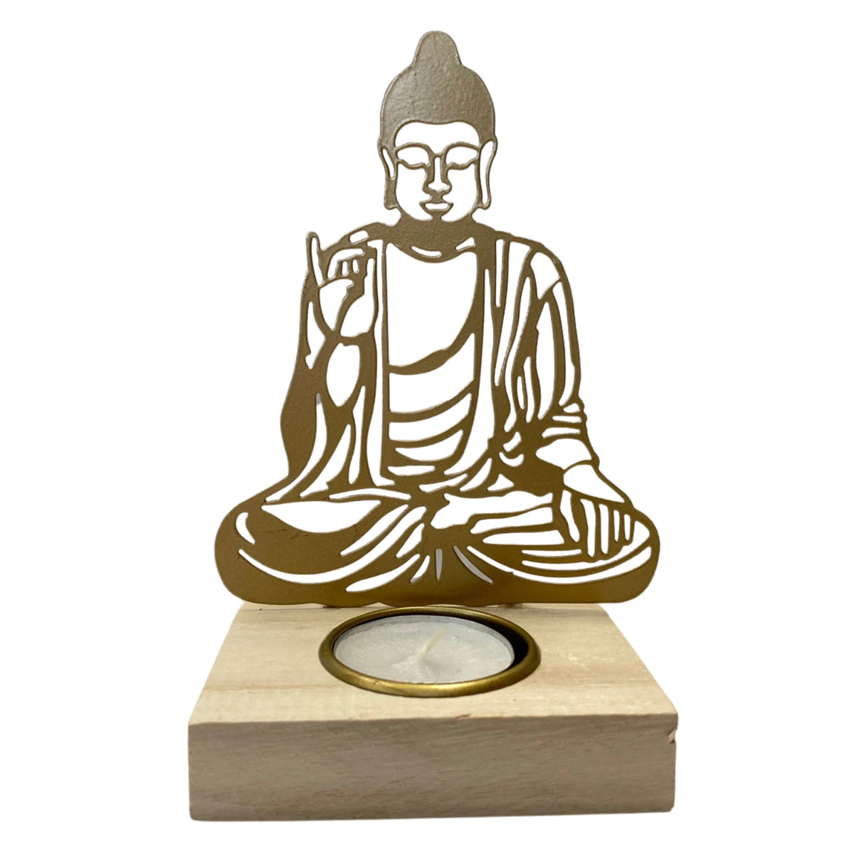 White ceramic candle holder shaped like a Buddha figure.