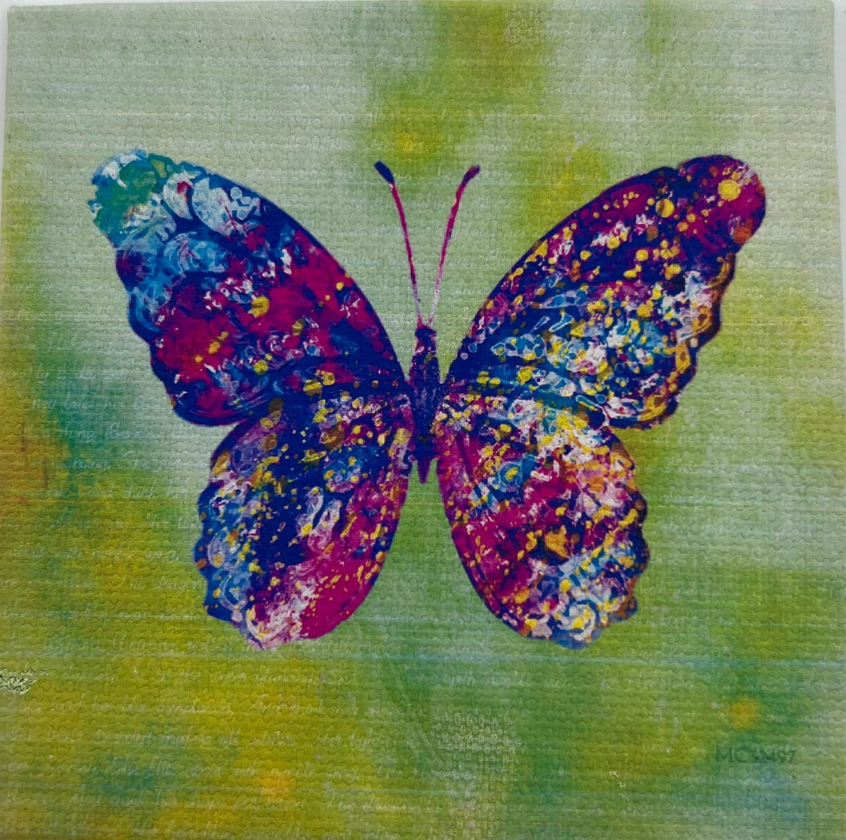 Butterfly Canvas Magnet with a colorful butterfly on a green background. The butterfly has wings with shades of pink, purple, blue, and yellow, with small dots of gold throughout.
