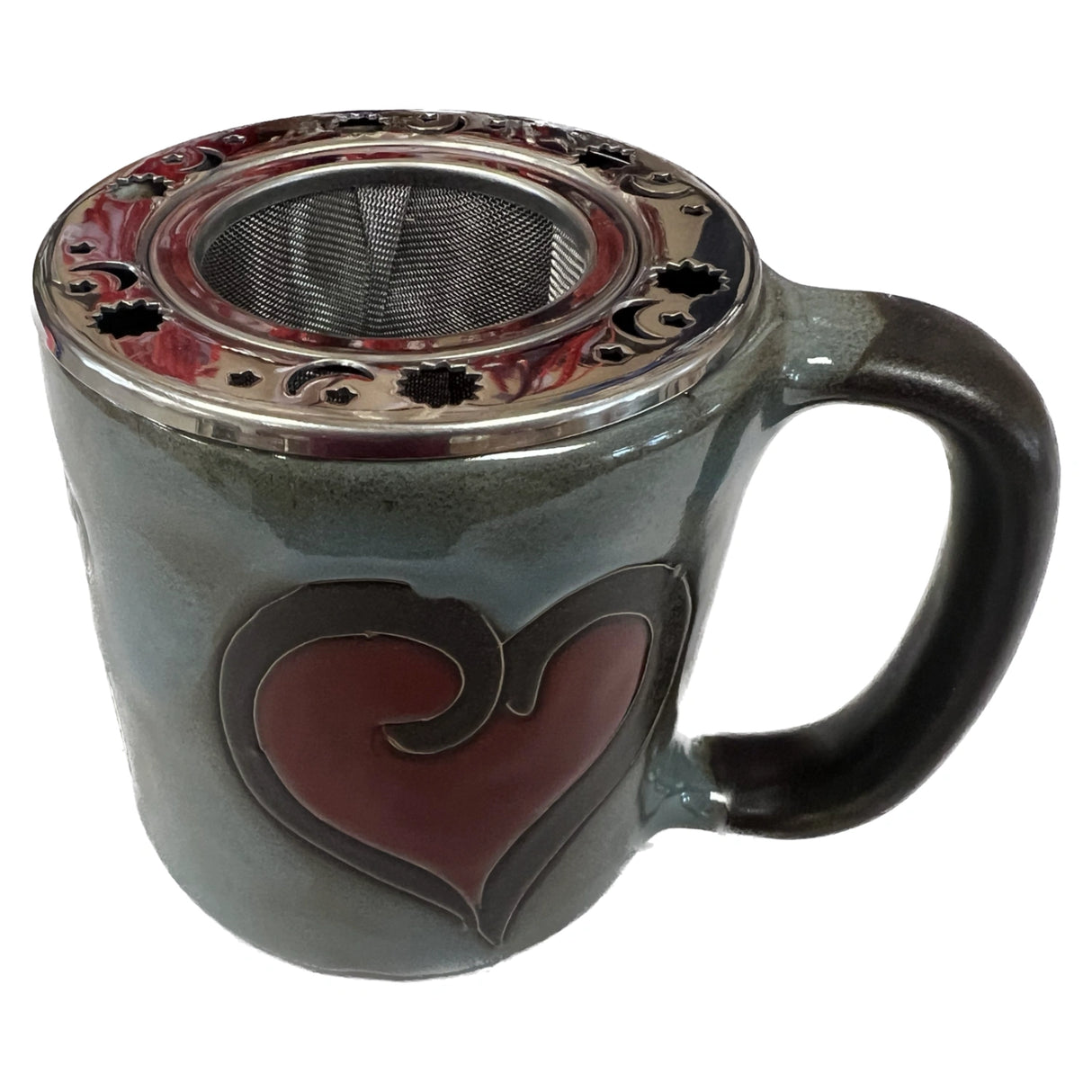 Ceramic mug with built-in tea infuser and celestial design.
