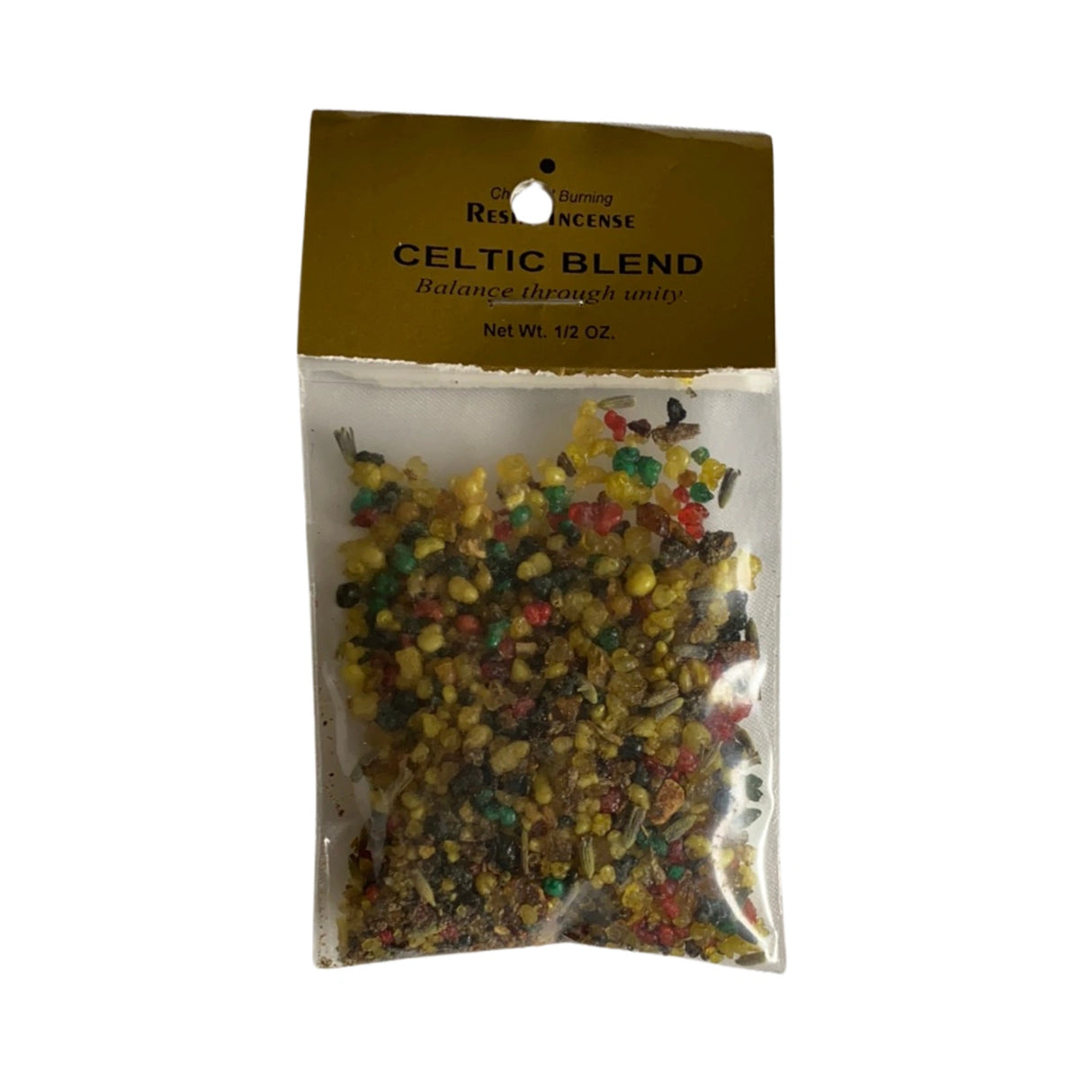 Celtic Blend Resin Incense in a plastic bag.