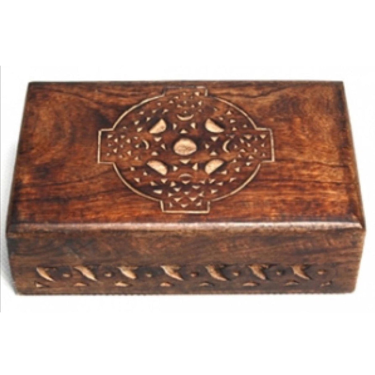 Celtic Cross Wooden Carved Box - dark brown box with engraved Celtic Cross in center, scrolling on sides