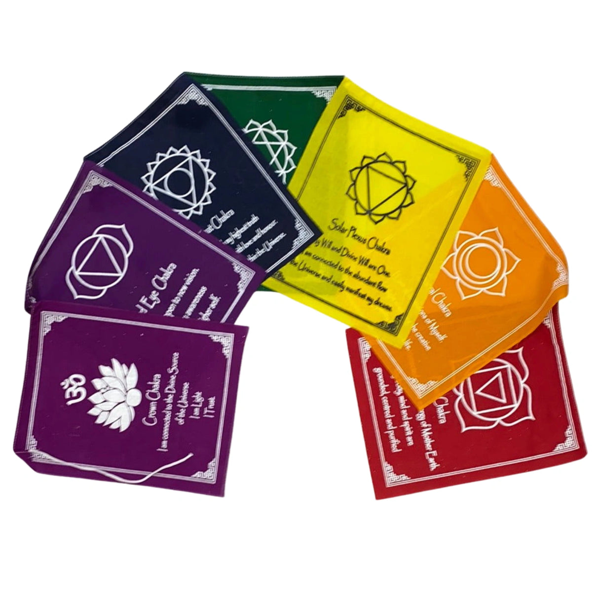 Seven Chakra Prayer Flags in various colors, each featuring a different chakra symbol and a corresponding affirmation. The flags are rectangular with a black border and white text.