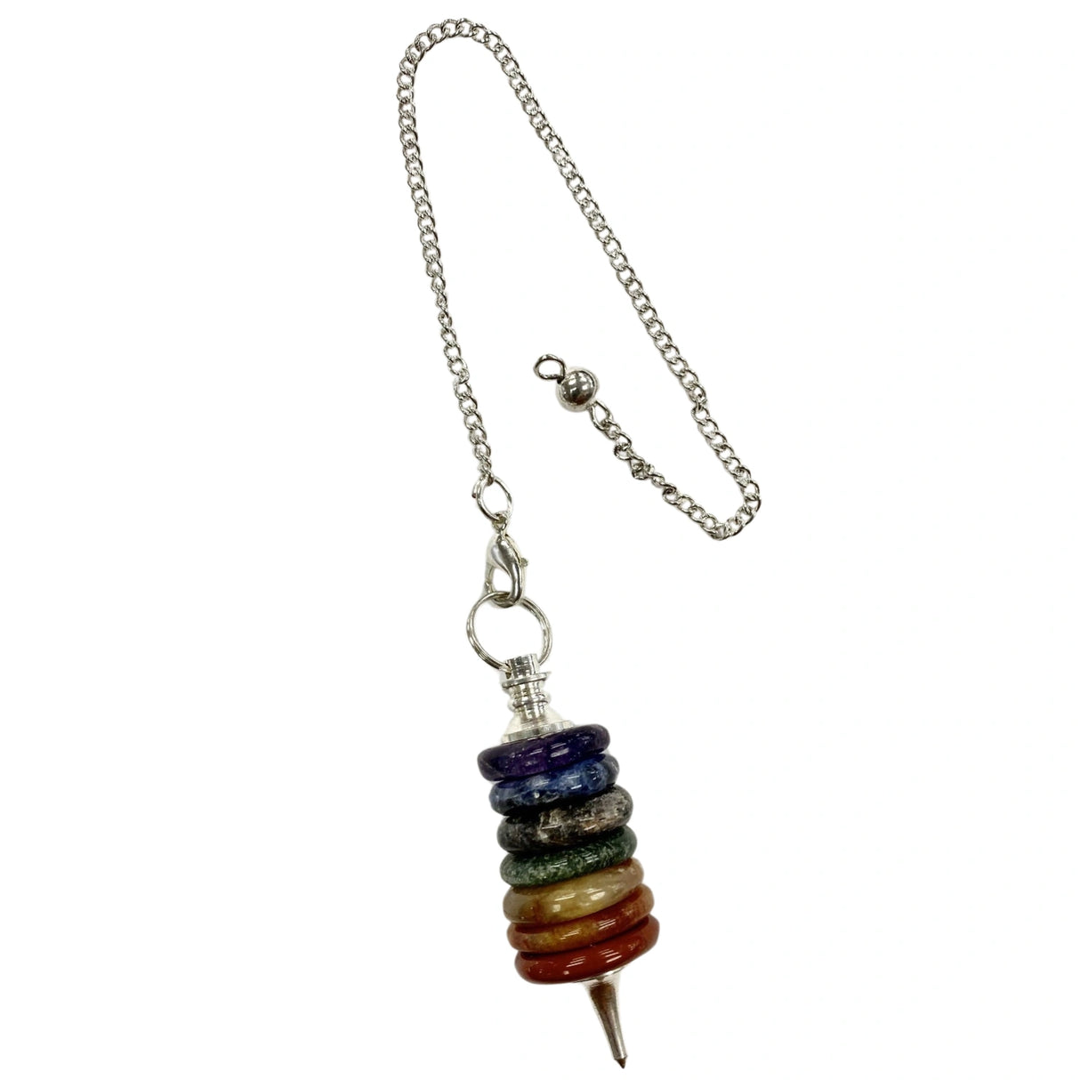Chakra pendulum with seven colored stones stacked on top of each other.