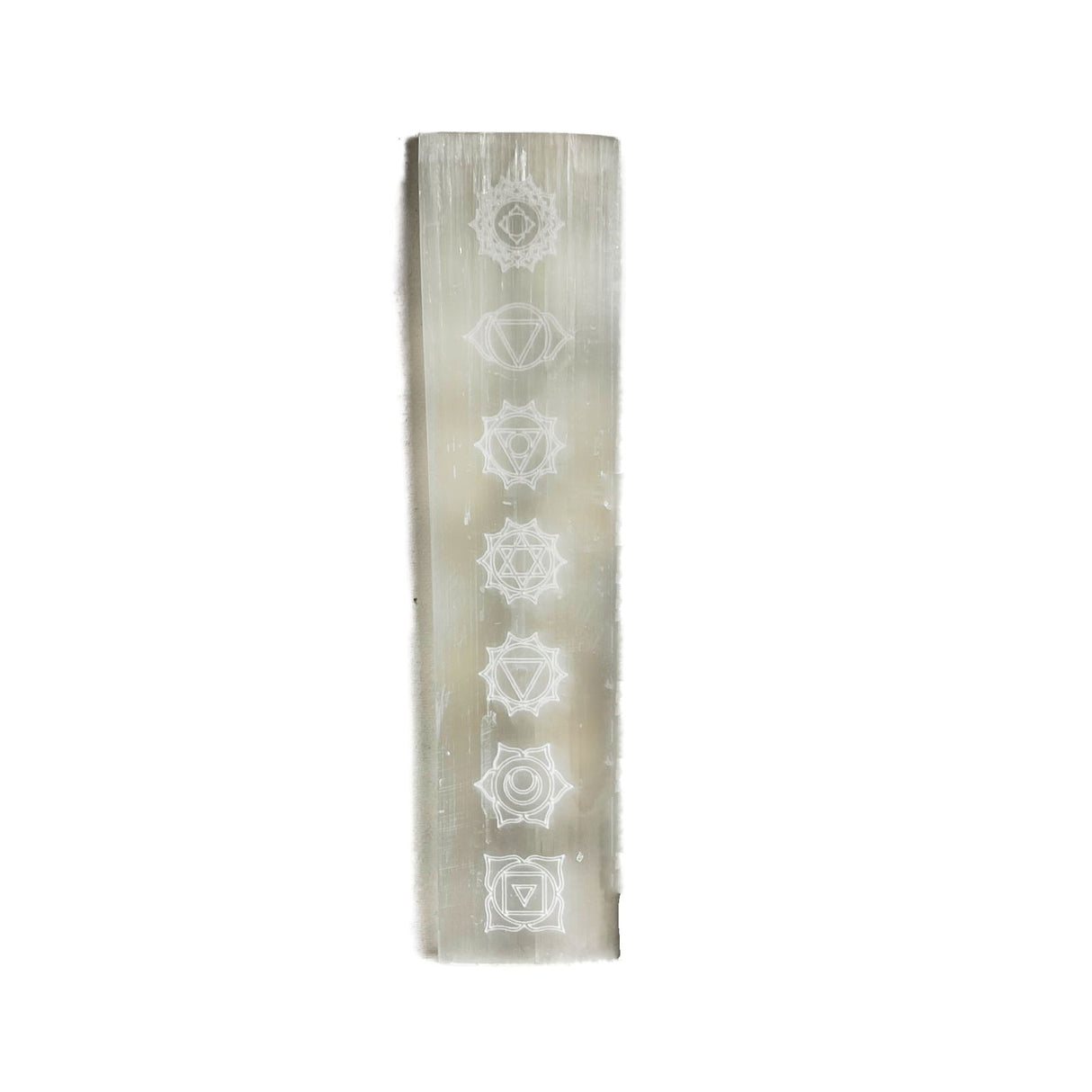 Chakra Selenite Plate - White Selenite with chakra symbols etched into it