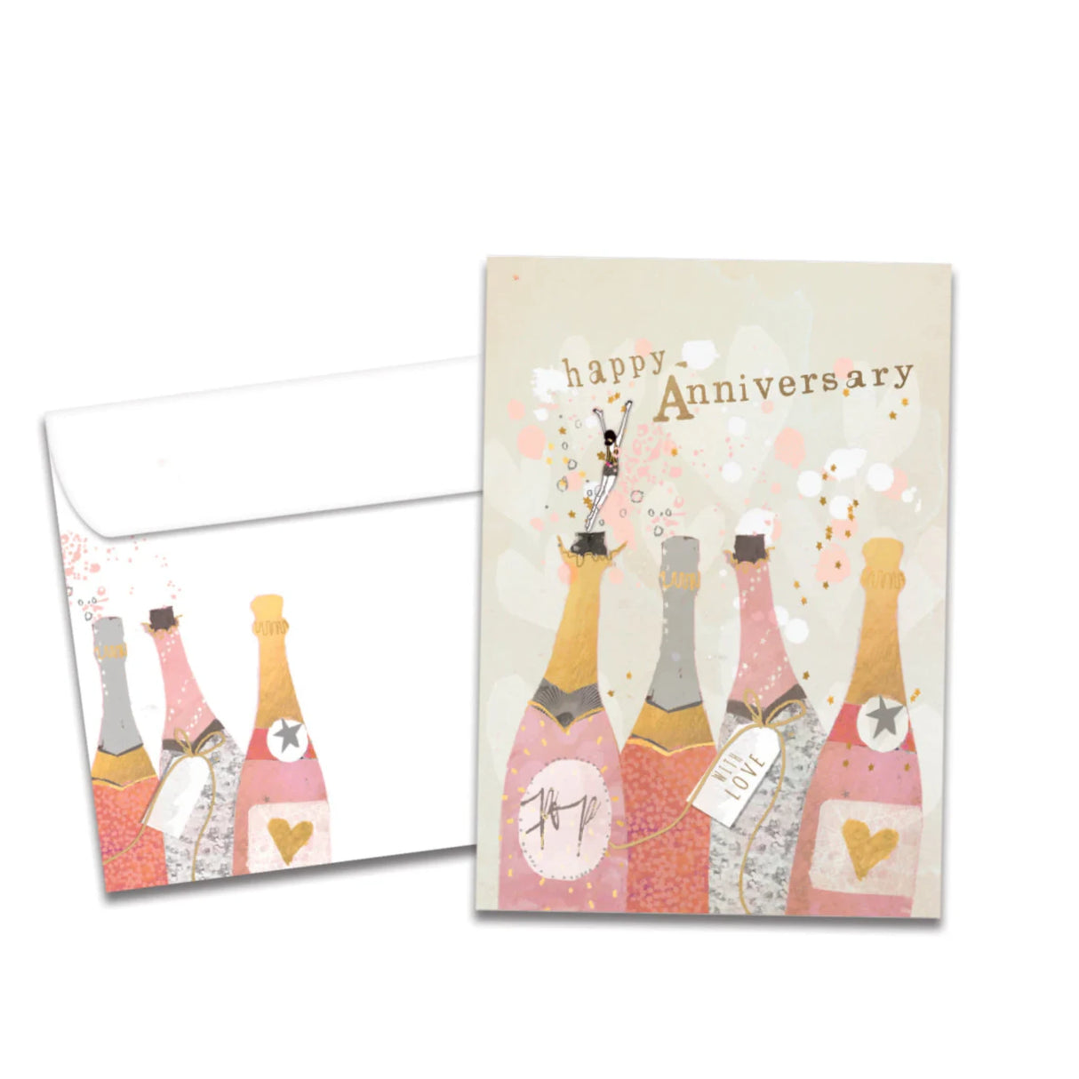 Champagne wishes white card with images of champagne bottles and happy anniversary