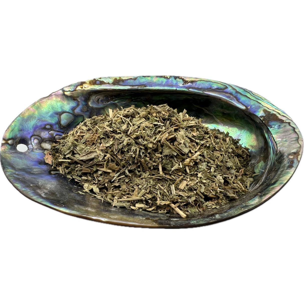 Dried Chickweed in an abalone shell.