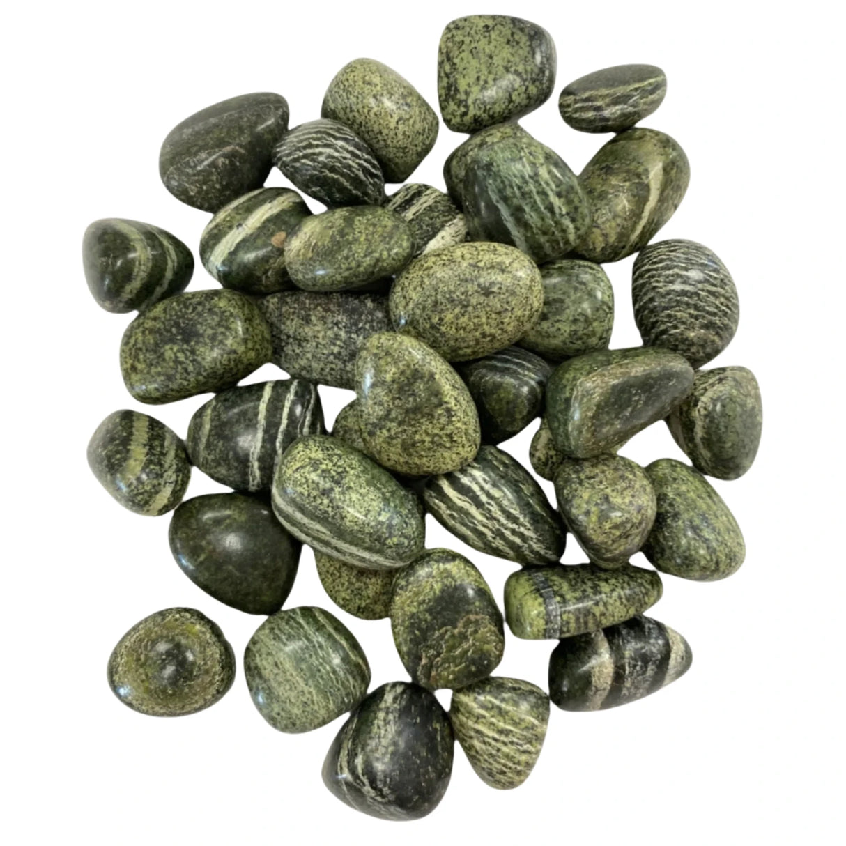 Chrysolite Serpentine Tumbled - Polished stones of various green colors and yellow striations