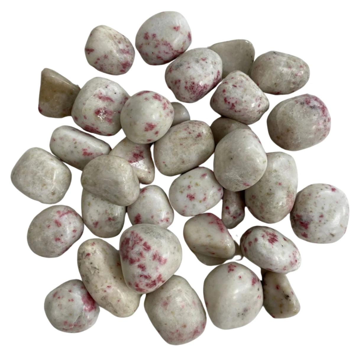 A cluster of tumbled stones with a white base and red speckles.