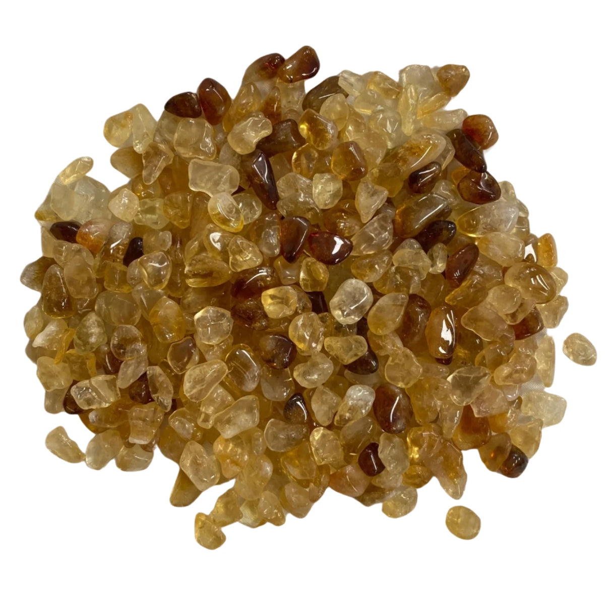 A cluster of small, tumbled citrine stones with a smooth, polished finish and a vibrant yellow color.