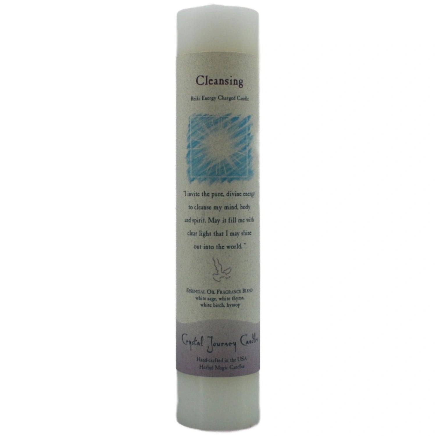 White candle with "CLEANSING" label.