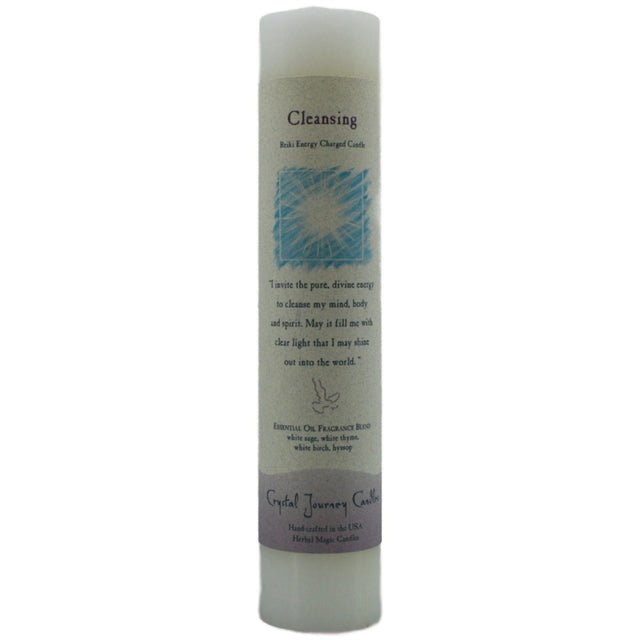 White candle with "CLEANSING" label.