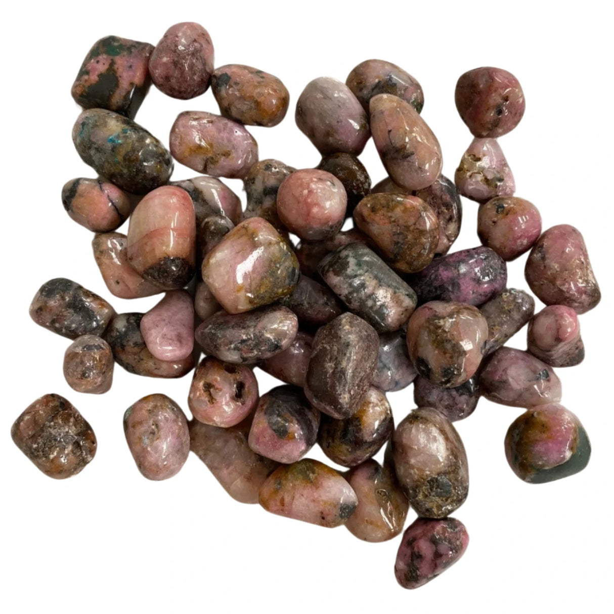 Tumbled Cobalto Calcite stones in various shades of pink with darker inclusions.