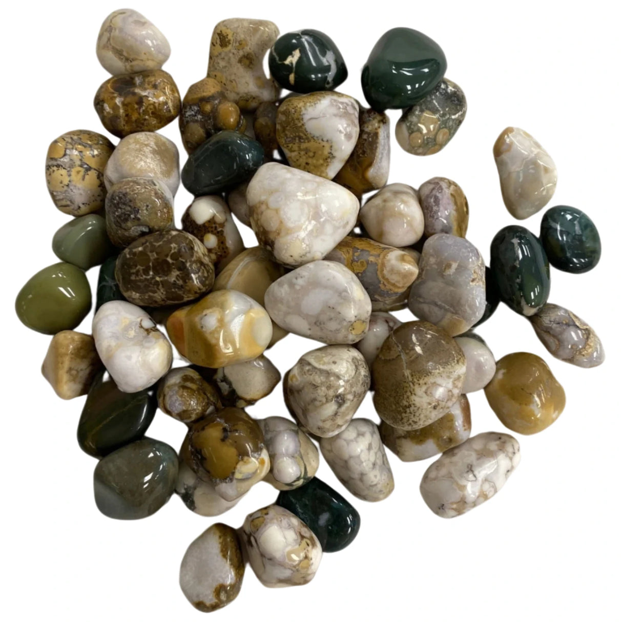 Tumbled Cobra Jasper stones with a smooth, polished finish and a mix of brown, gold, and black patterns.