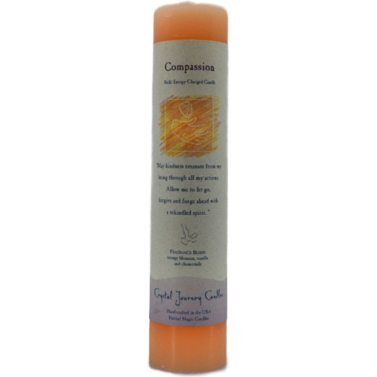 Orange candle with "COMPASSION" label.