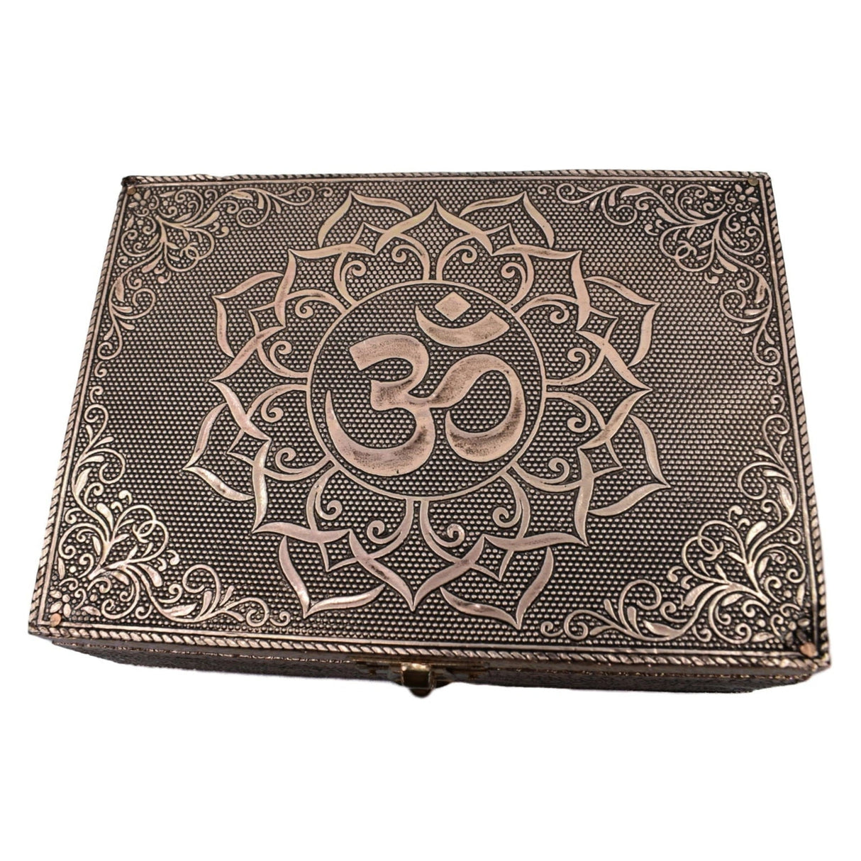 Copper OM Metal Box - Wood Box copper encased, floral pattern with Om symbol