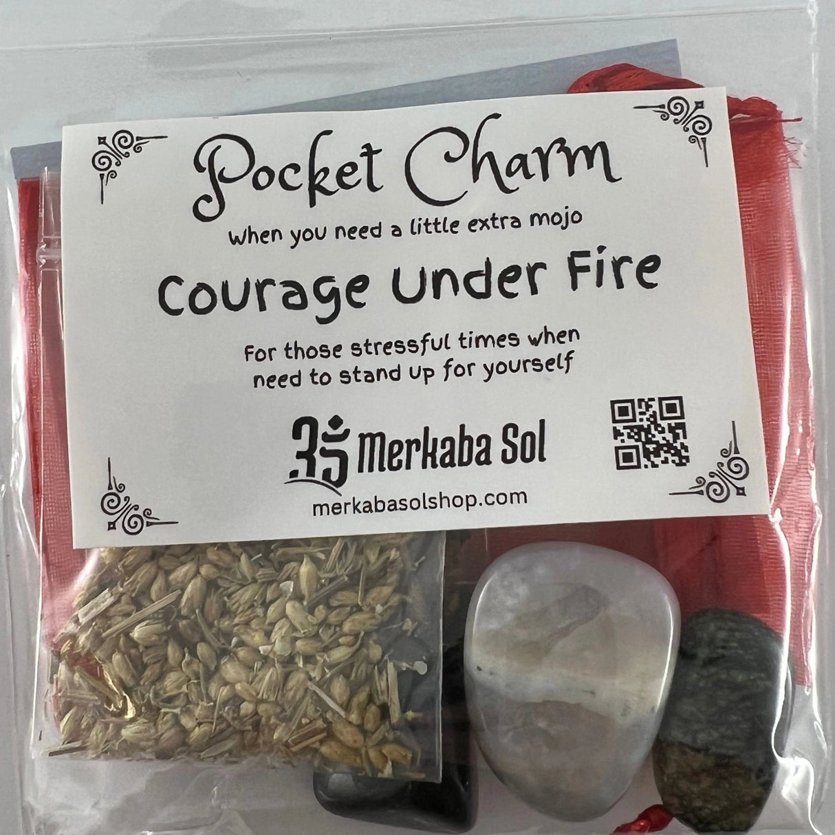 Courage Under Fire Pocket Charm Kit with Transparent packaging, White label, and Black text.