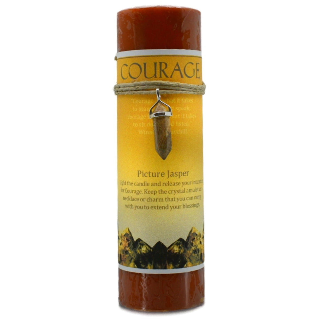Orange candle with "COURAGE" label and picture jasper pendant.