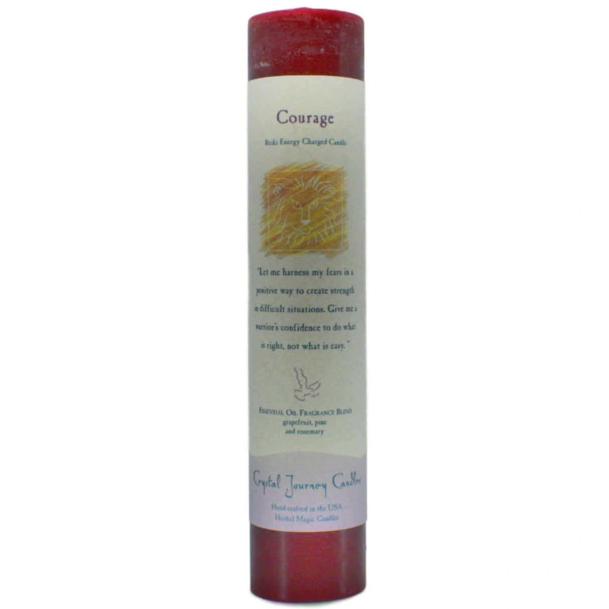 Red pillar candle with "COURAGE" label.