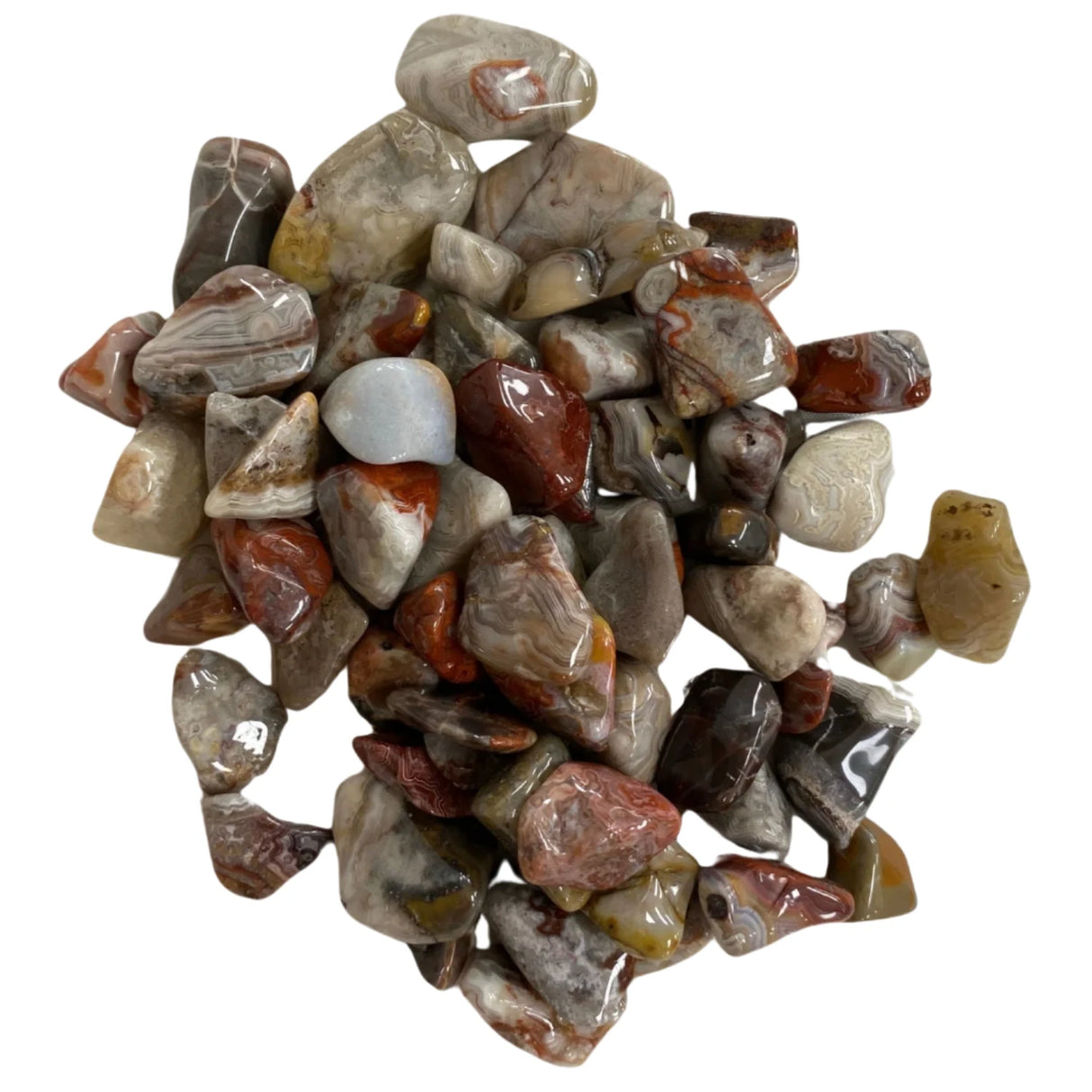 Tumbled Crazy Lace Agate stones with a smooth, polished finish and a variety of colors, including white, brown, red, and gray.