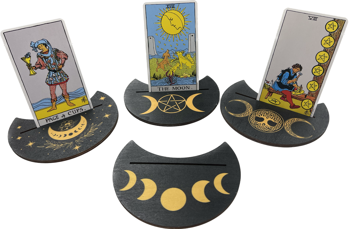 Crescent Moon Tarot Card Stand with Moon Phase in Moon -