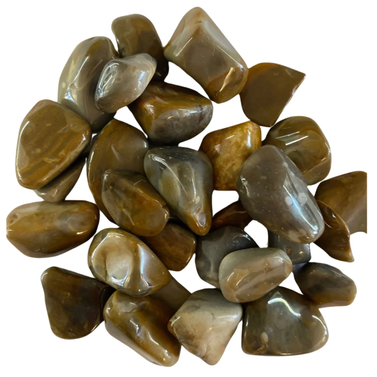Tumbled Crop Circle Jasper stones with a smooth, polished finish and a variety of brown, white, and gray patterns.