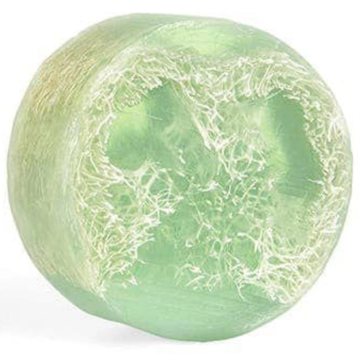 Green loofah soap with a smooth, spherical shape and visible loofah fibers.