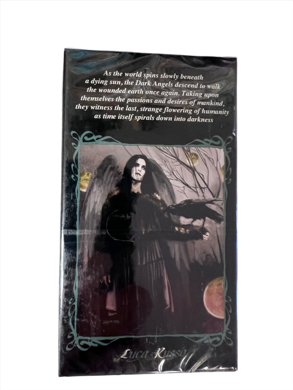 Dark Angels Tarot - Black card box with an angel holding a crow