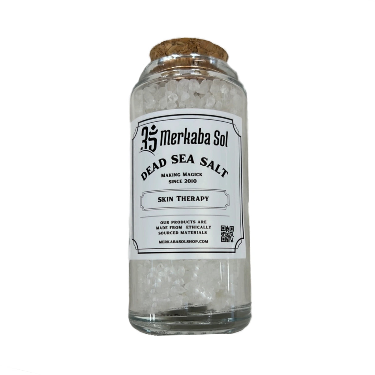 Dead Sea Salt Jar - Tall glass jar cork top full of white crystals