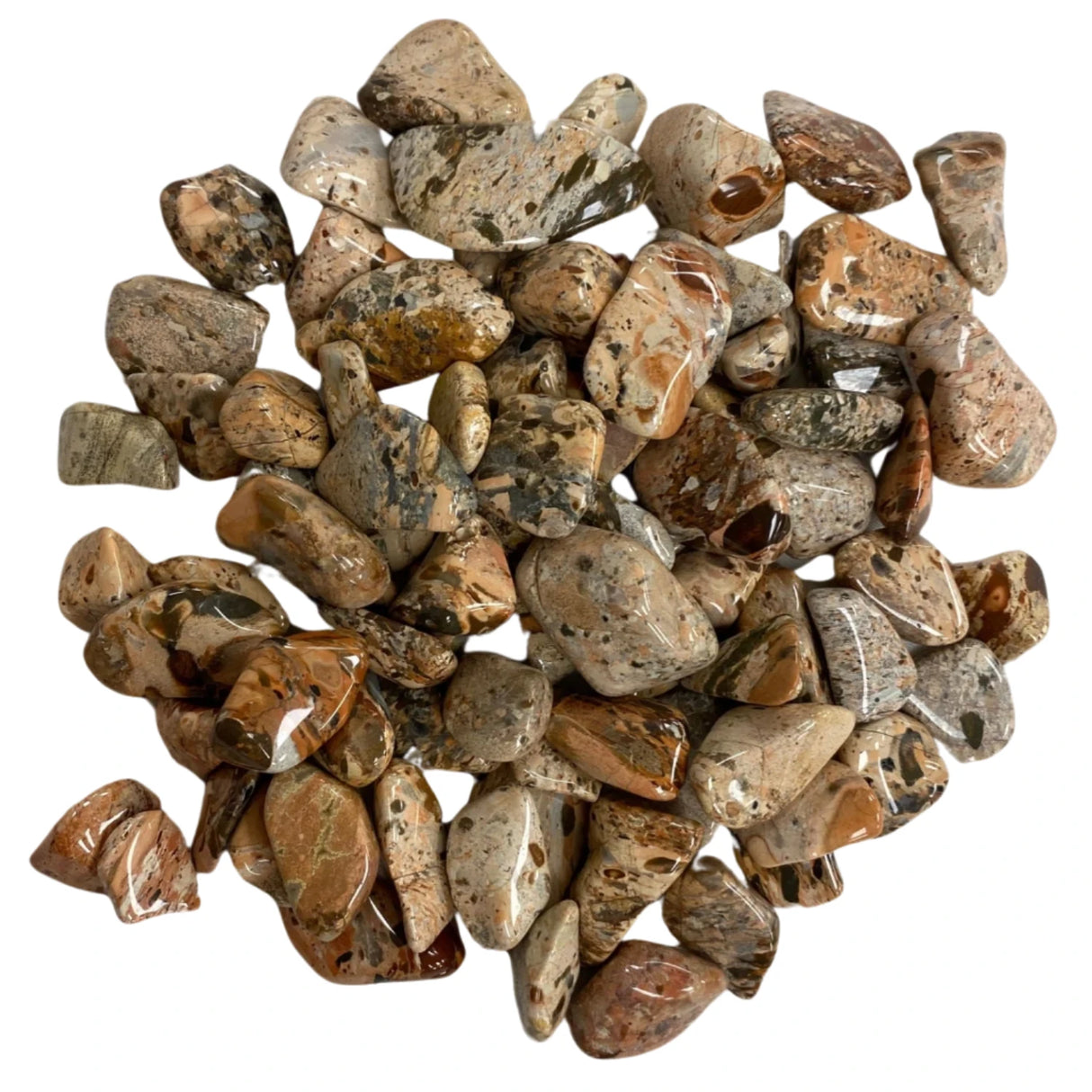 Tumbled Desert Jasper stones with a smooth, polished finish and a variety of brown, white, and orange patterns.