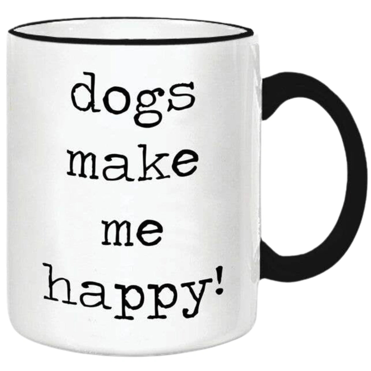 White ceramic mug with black text that reads "DOGS MAKE ME HAPPY!" The mug has a black rim and handle.