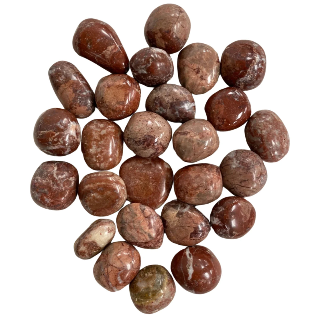 Tumbled Dolomite stones with a smooth, polished finish and a variety of brown and red hues.