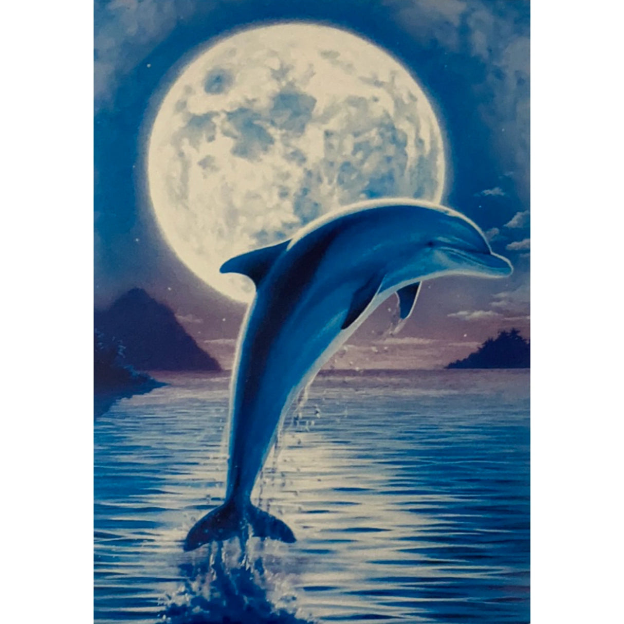 Dolphin Moon Greeting Card - Blue card dolphin jumping out in front of a full moon
