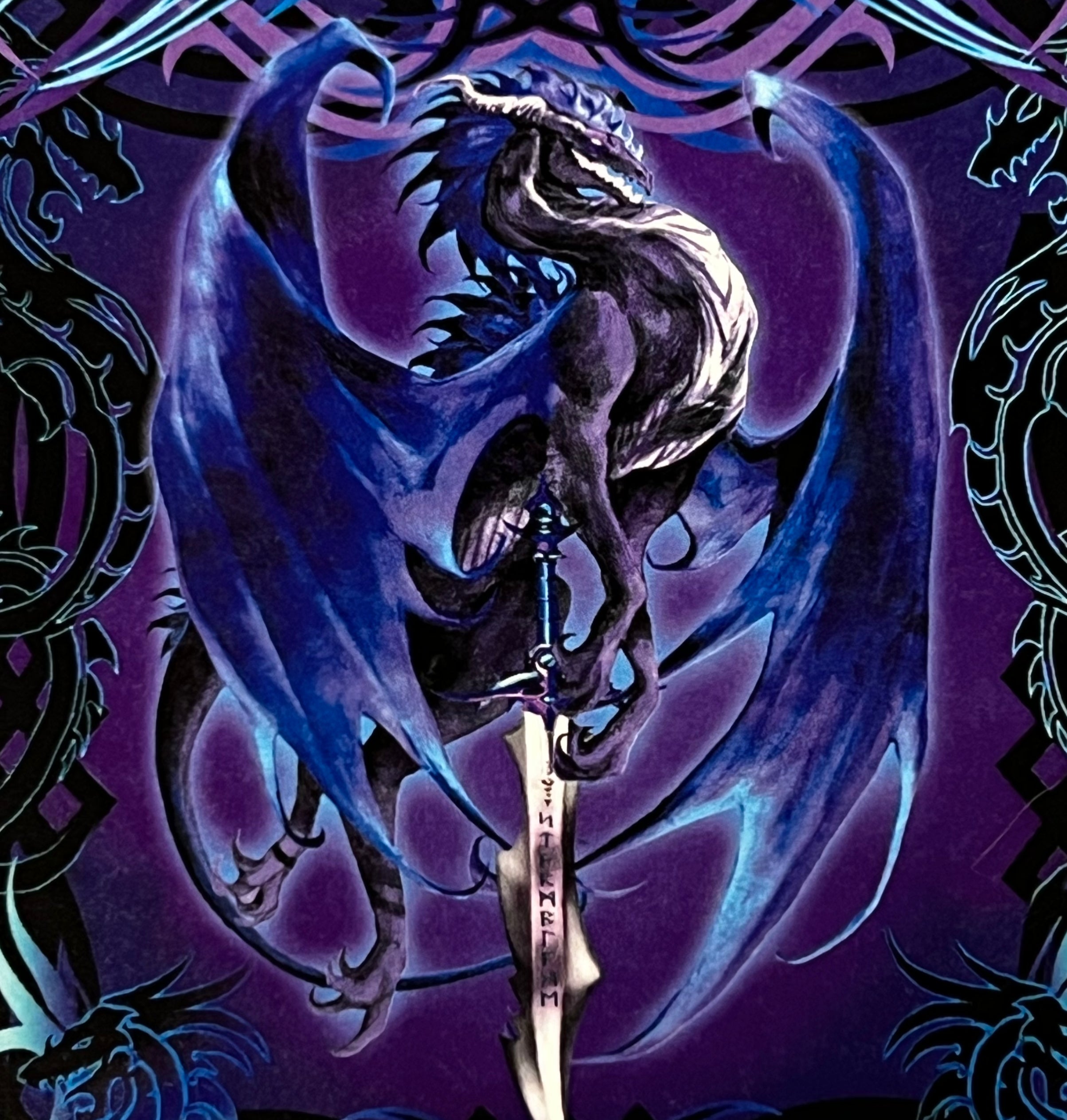 Purple and black square with image of a dragon holding on to a sword 