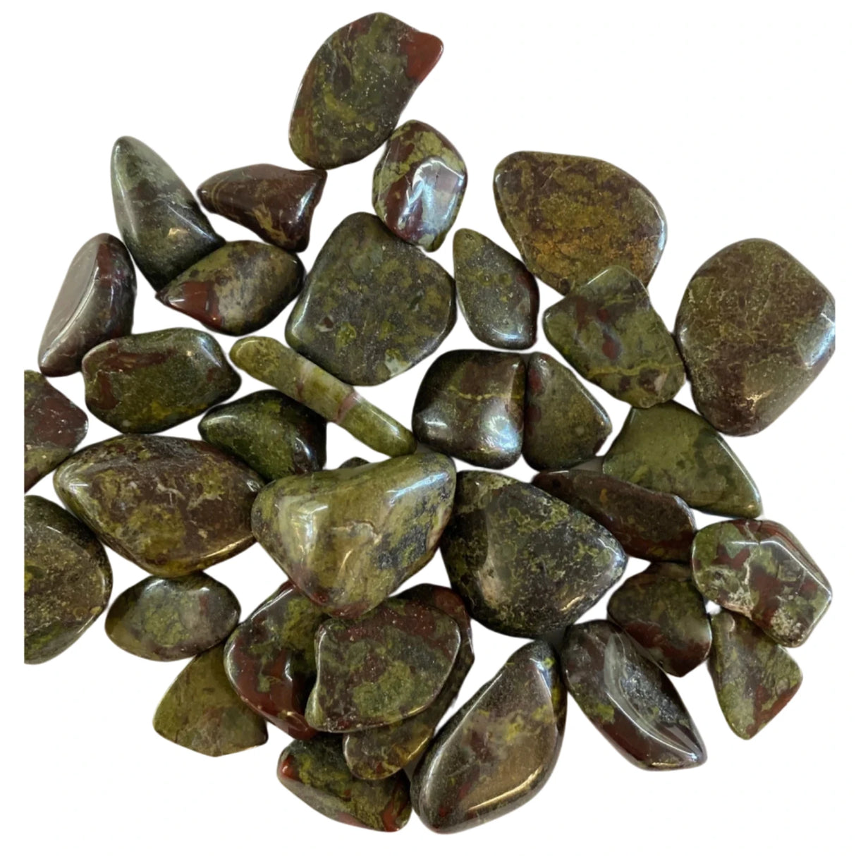Tumbled Dragon Stone with a smooth, polished finish. The stones exhibit a vibrant green color with reddish-brown patches and inclusions.