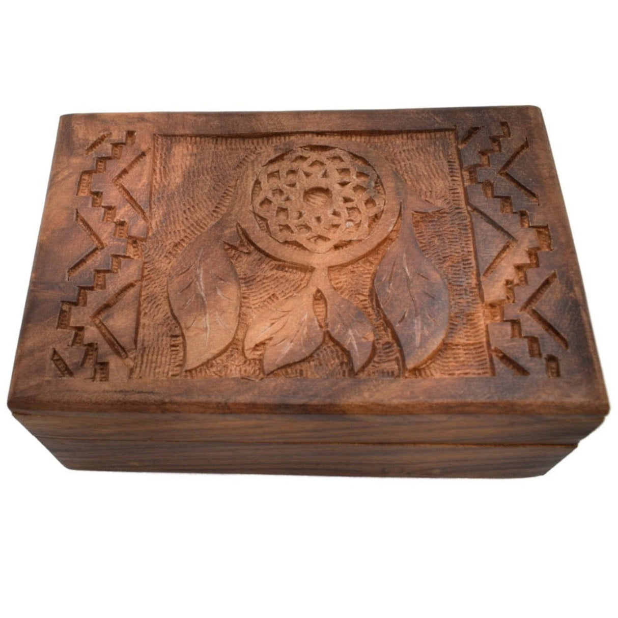 Dream Catcher Wood Box - Dark wooden box, dream catcher carved into lid.