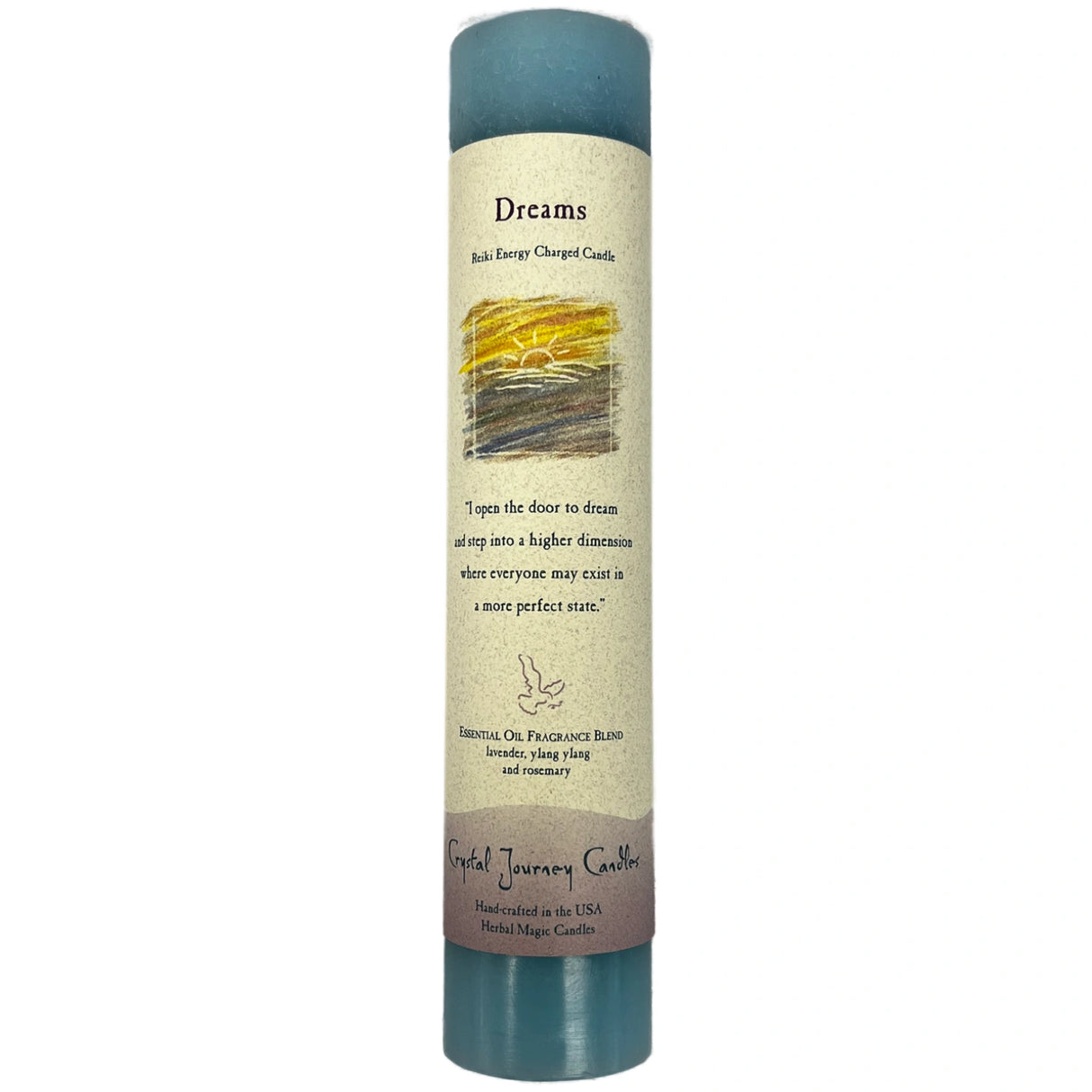 Teal pillar candle with "DREAMS" label.