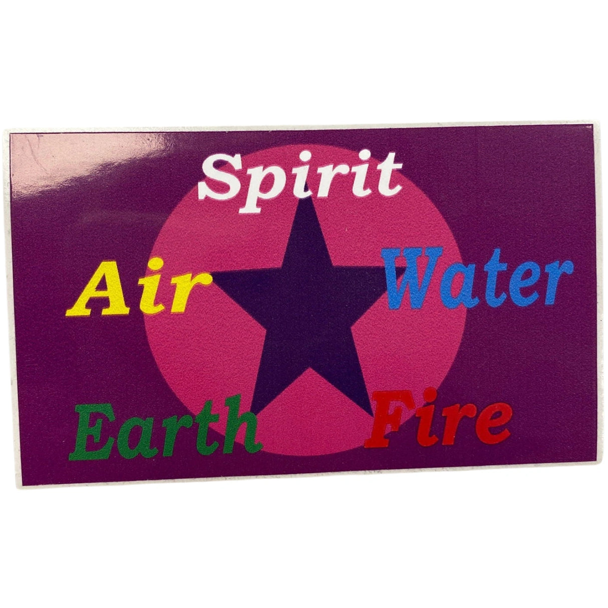 Earth, Air, Fire, Water, Spirit sticker with star and colored text.