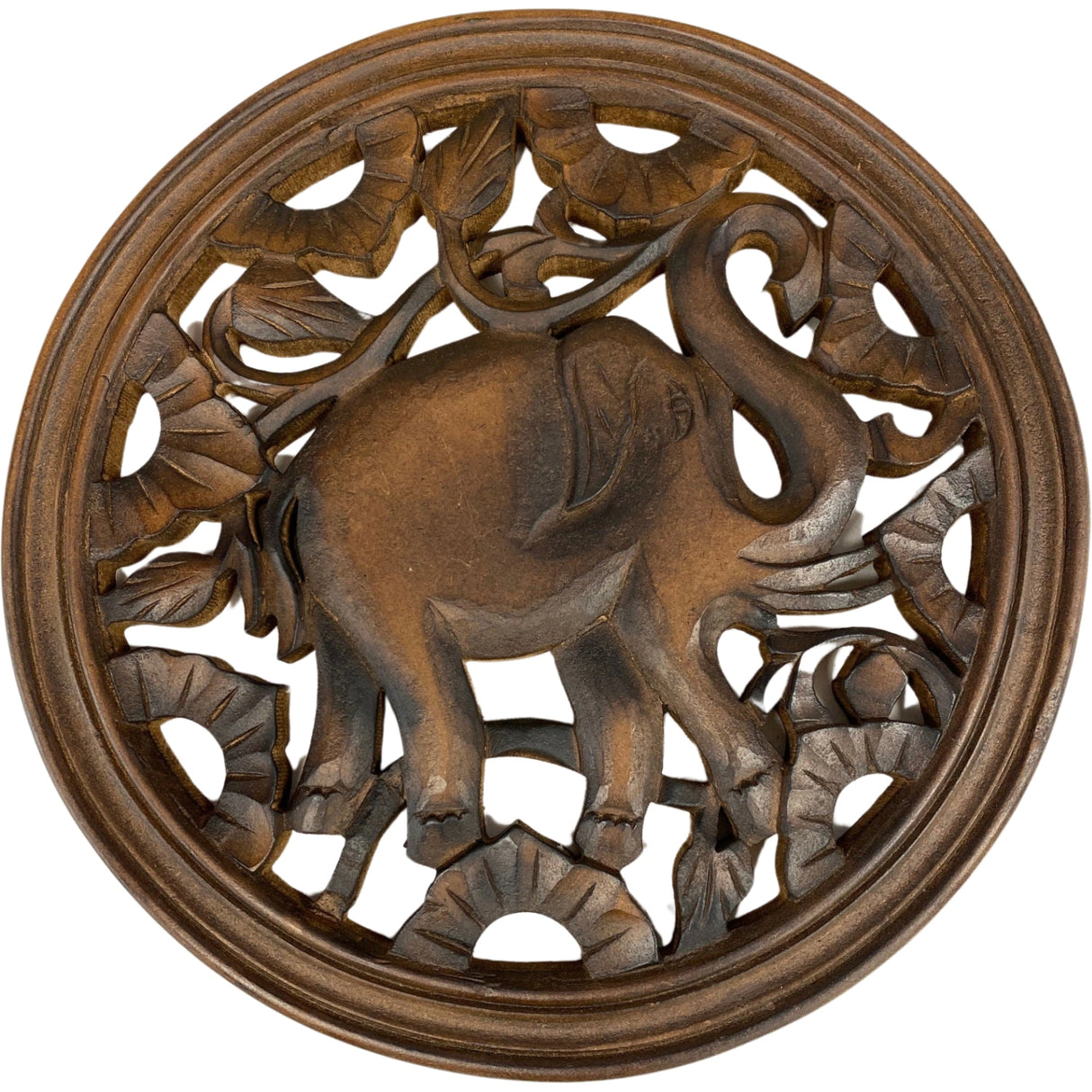 Elephant Wood Wall Hanging - Hollow circle with Elephant and flowers carved from Wood for Wall Hanging