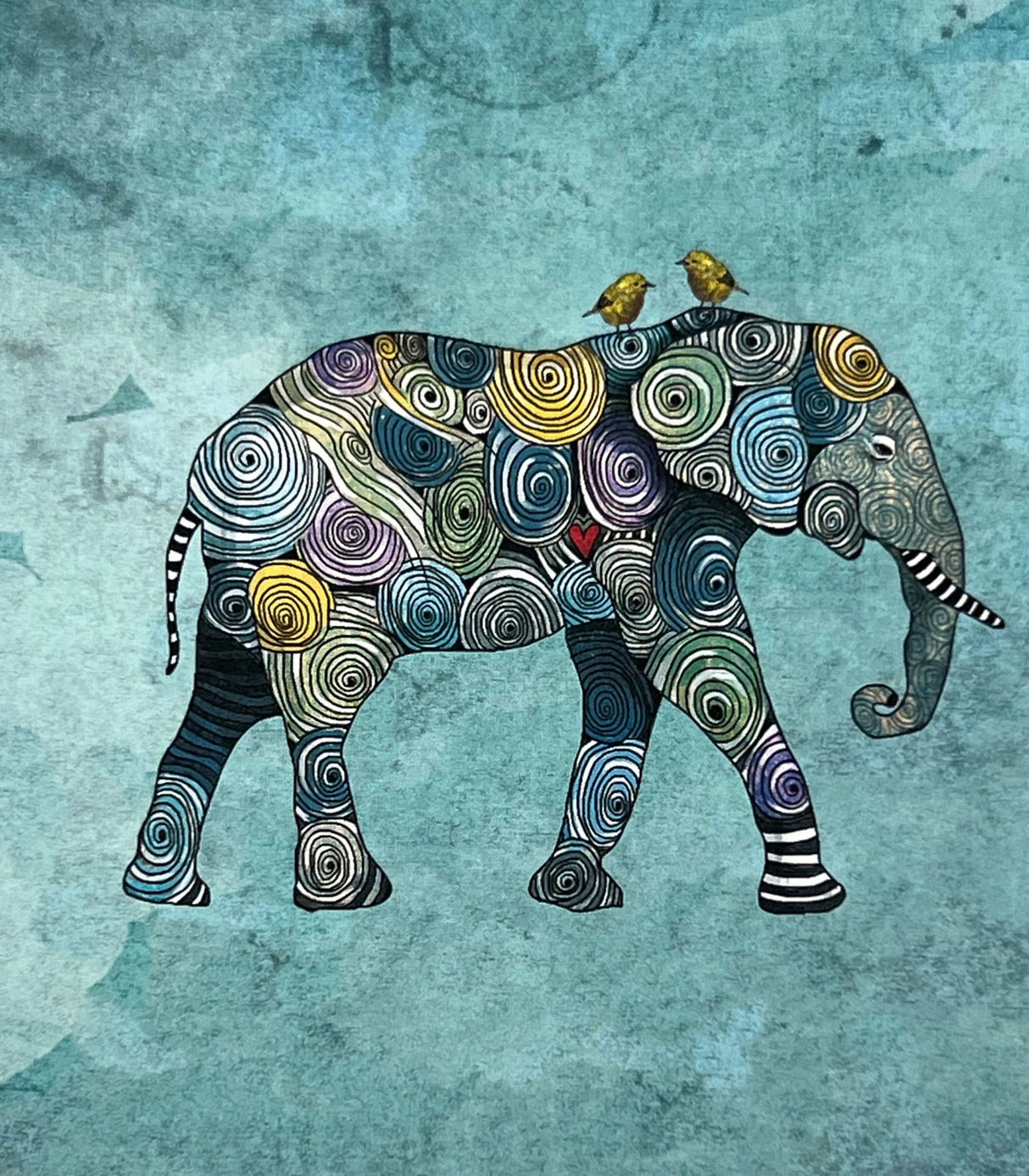 Elephant with colorful patterns and two yellow birds perched on its back.
