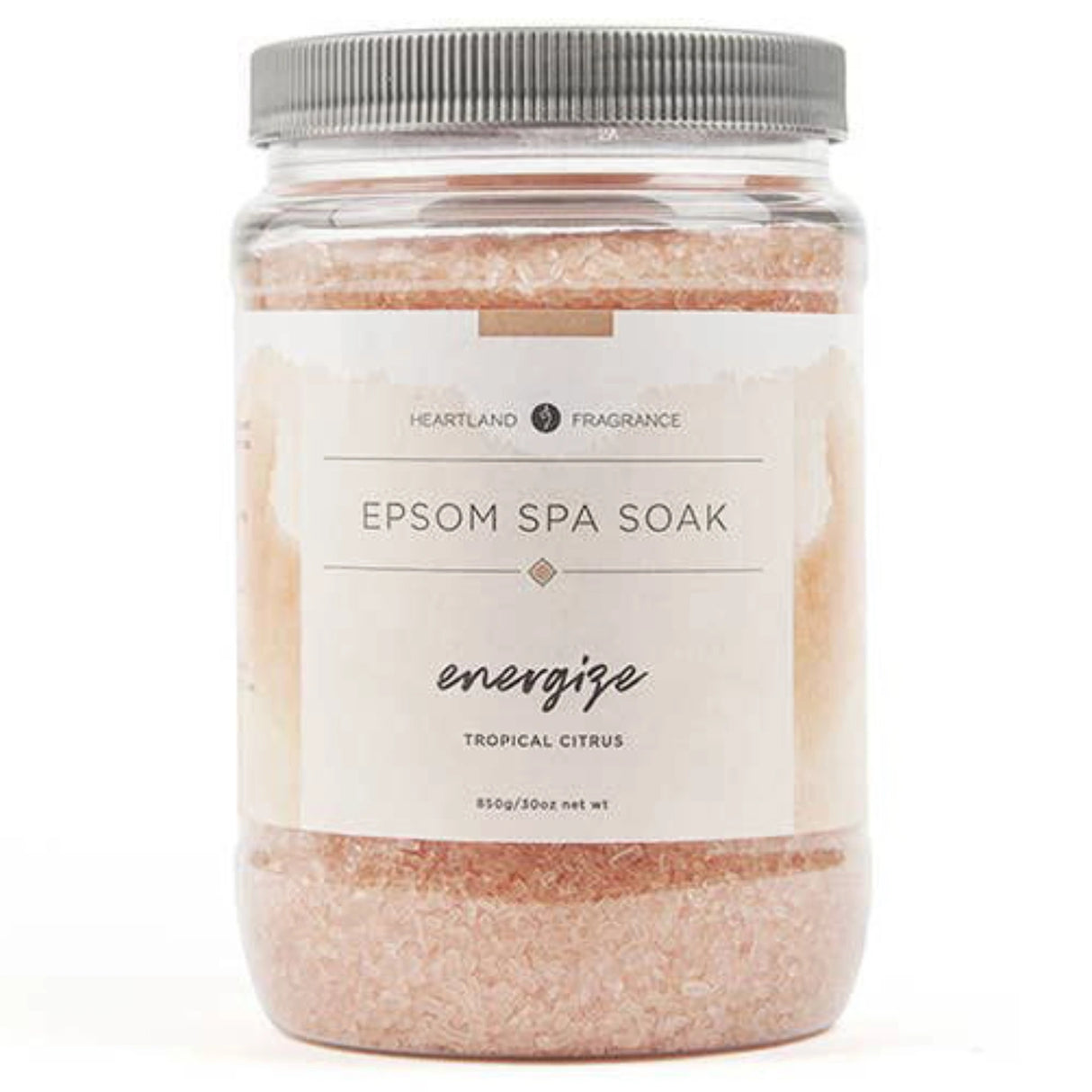 Pink Epsom salt in a clear jar.