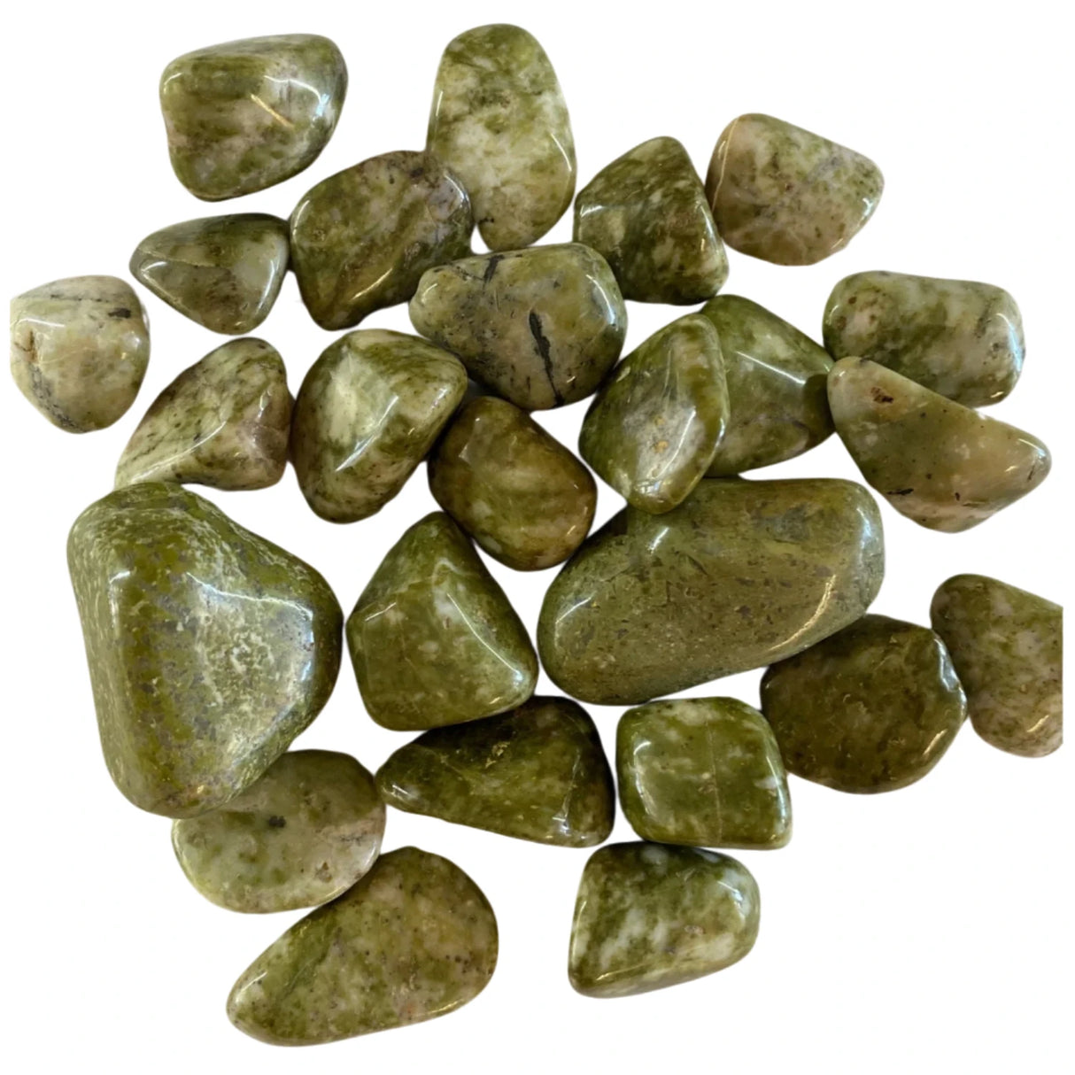 Tumbled Epidote stones with a smooth, polished finish and a vibrant green color.