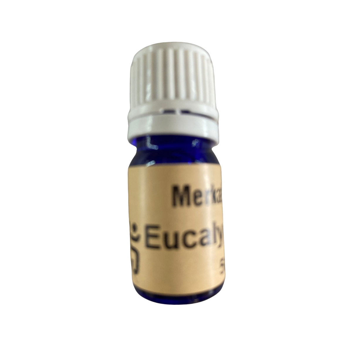 Eucalyptus Essential Oil - Eucalyptus Essential Oil in small blue colored bottle with light brown label and white screw cap.
