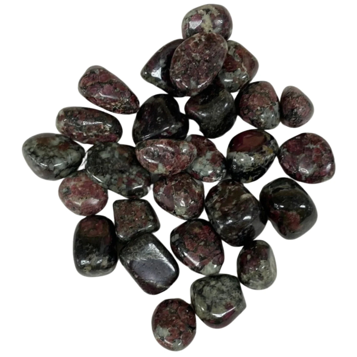 Tumbled Eudialyte stones with a smooth, polished finish. The stones exhibit a vibrant mix of red, black, and white colors with a speckled appearance.