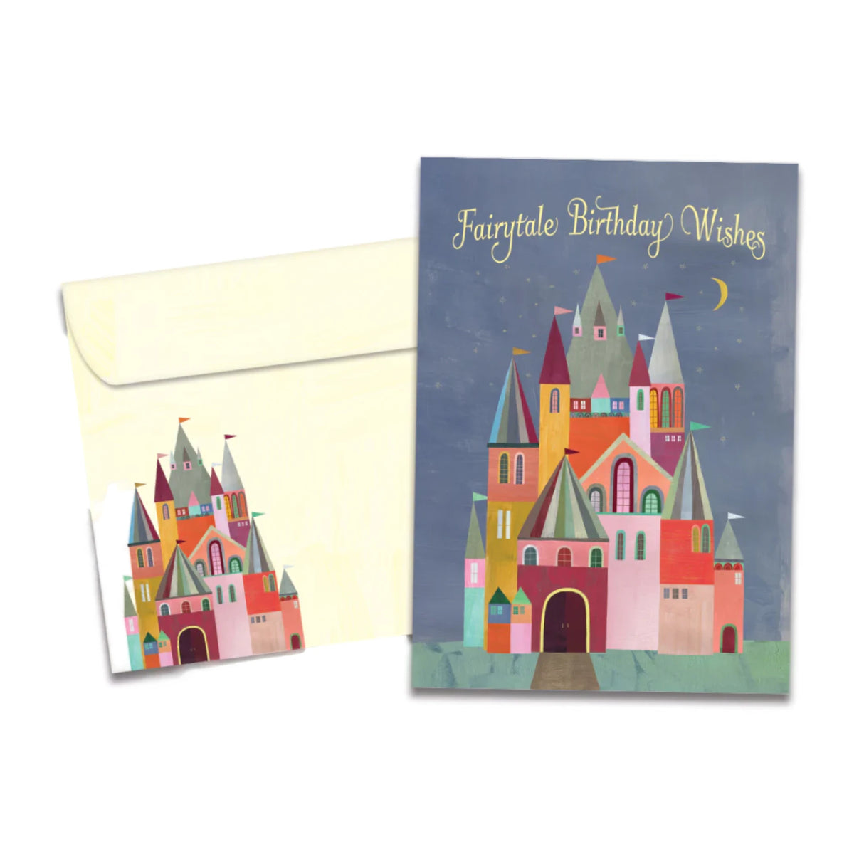 Fairy-tail Wishes blue card with a castle image that says fairy tail wishes