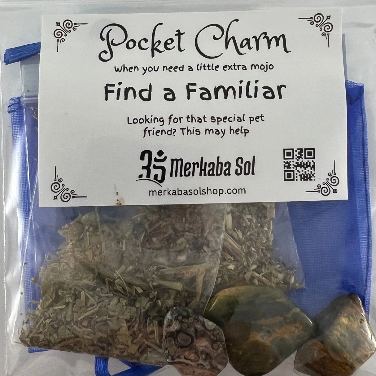 Finding a Familiar Pocket Charm Kit with Transparent packaging, White label, and Black text.