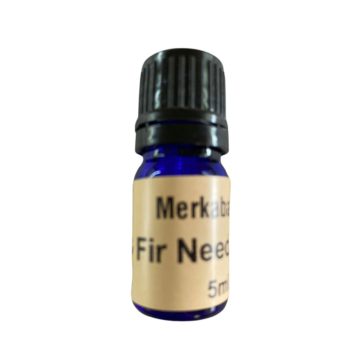Fir Needle Essential Oil - Fir Needle Essential Oil in a small blue colored bottle with light brown label and black screw cap.